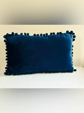 Navy Blue Velvet 19 x 11 Decorative Pillow Covers With Pom Pom Trim Set of 2